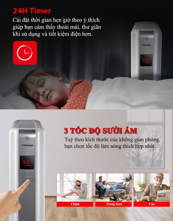 Máy sưởi dầu Tiross TS9218, 12 thanh kín, điều khiển từ xa