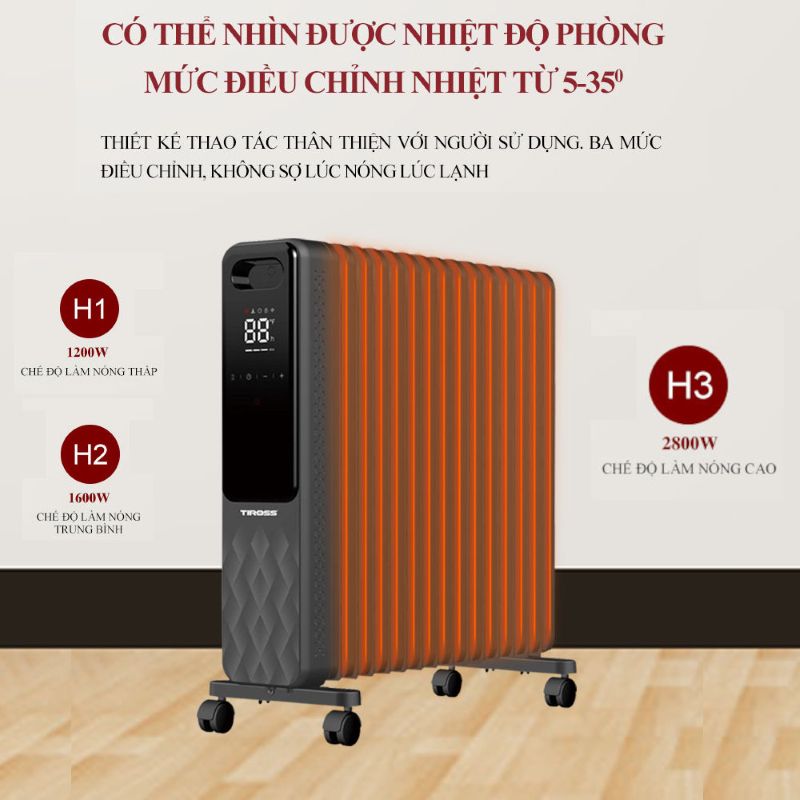 Máy sưởi dầu Tiross TS9222, 15 thanh, có điều khiển từ xa