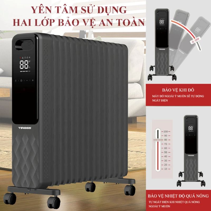 Máy sưởi dầu Tiross TS9222, 15 thanh, có điều khiển từ xa