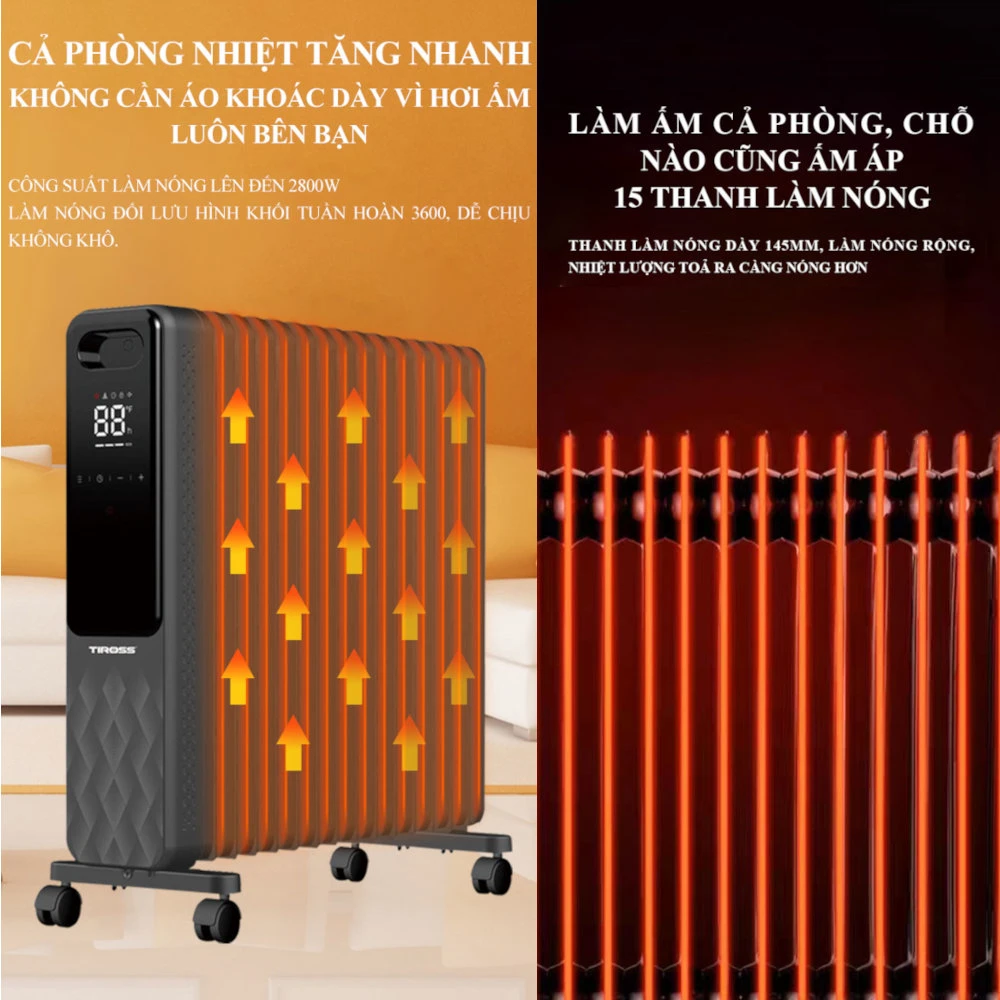Máy sưởi dầu Tiross TS9222, 15 thanh, có điều khiển từ xa