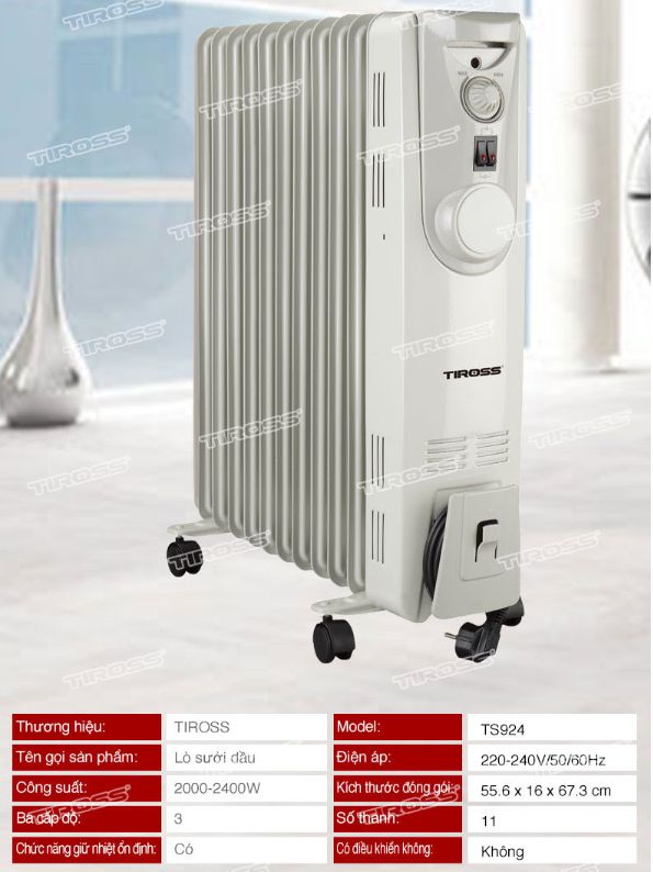 Máy sưởi dầu Tiross TS924, 11 thanh, 2400W