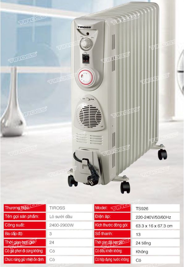 Máy sưởi dầu Tiross TS926, 13 thanh, 2900W