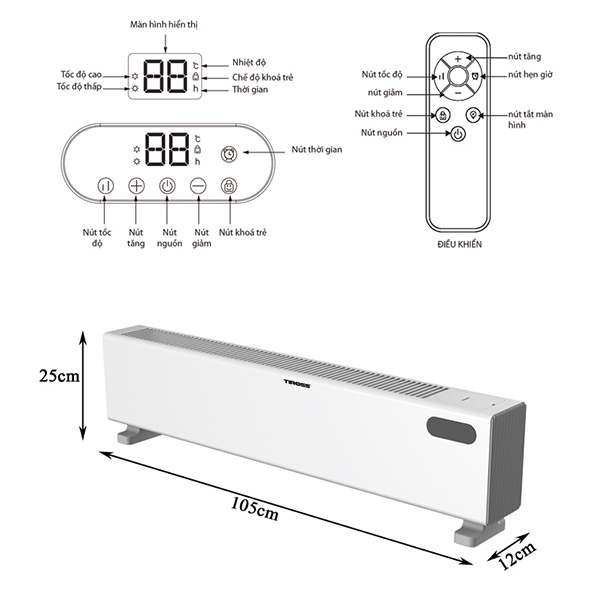 Máy sưởi để sàn Tiross TS9447, 2200W, có điều khiển