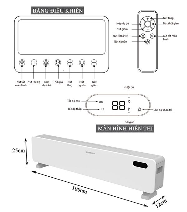 Máy sưởi để sàn Tiross TS9448, 2200W, có điều khiển