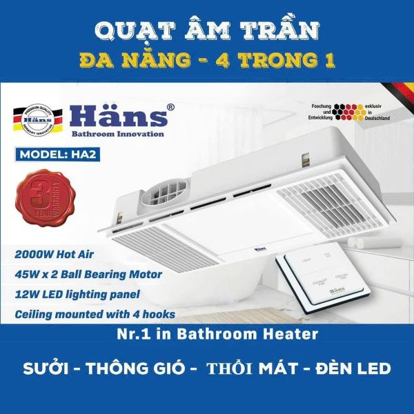 Quạt âm trần đa năng Hans HA2 lắp nhà tắm