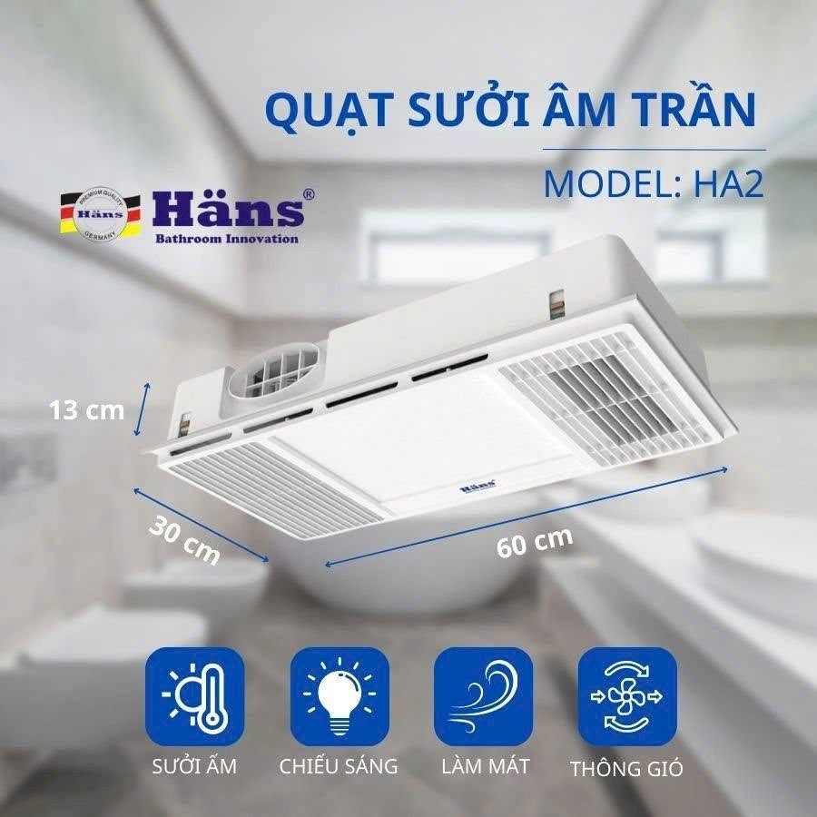 Quạt âm trần đa năng Hans HA2 lắp nhà tắm