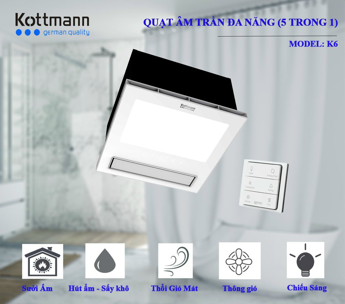 Quạt âm trần đa năng Kottmann K6 lắp nhà tắm