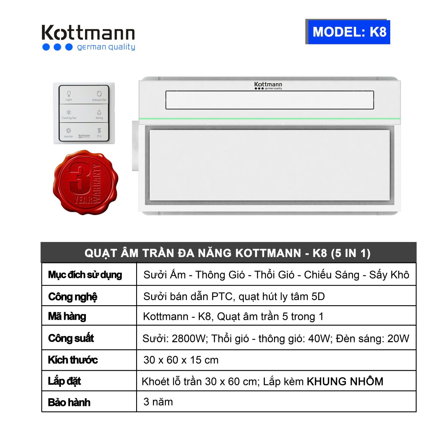 Quạt âm trần đa năng Kottmann K8 lắp nhà tắm