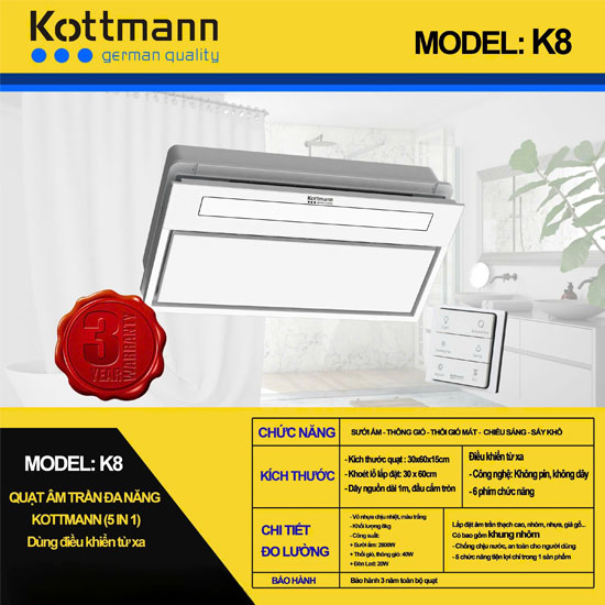 Quạt âm trần đa năng Kottmann K8 lắp nhà tắm