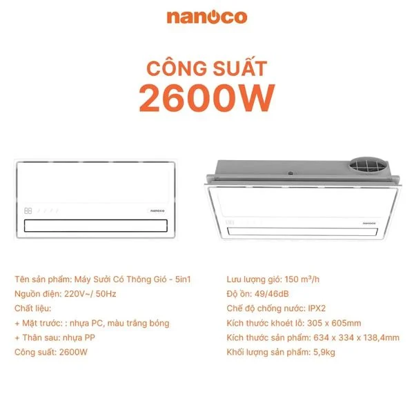 Quạt hút sưởi Nanoco NBD2561 5 trong 1 (2600w)