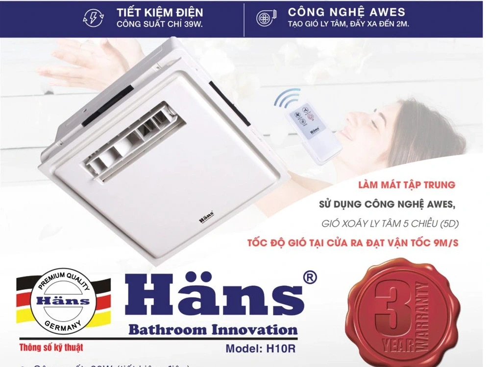 Quạt mát âm trần Hans H10R 39W, có điều khiển