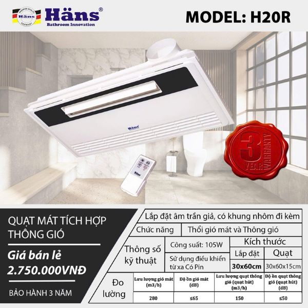 Quạt mát âm trần tích hợp thông gió Hans H20R